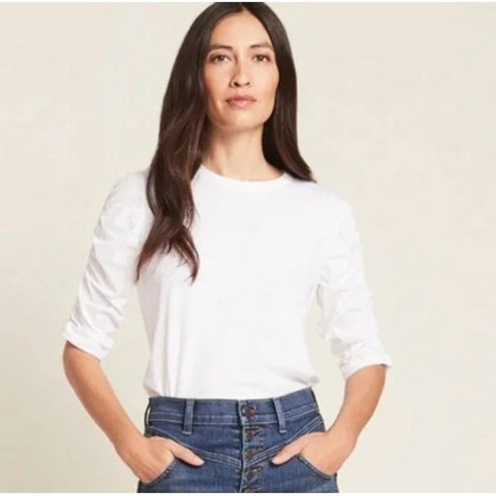 Veronica Beard Jeans Waldorf White Ruched Puff Sleeve Tee Shirt Crew Neck M